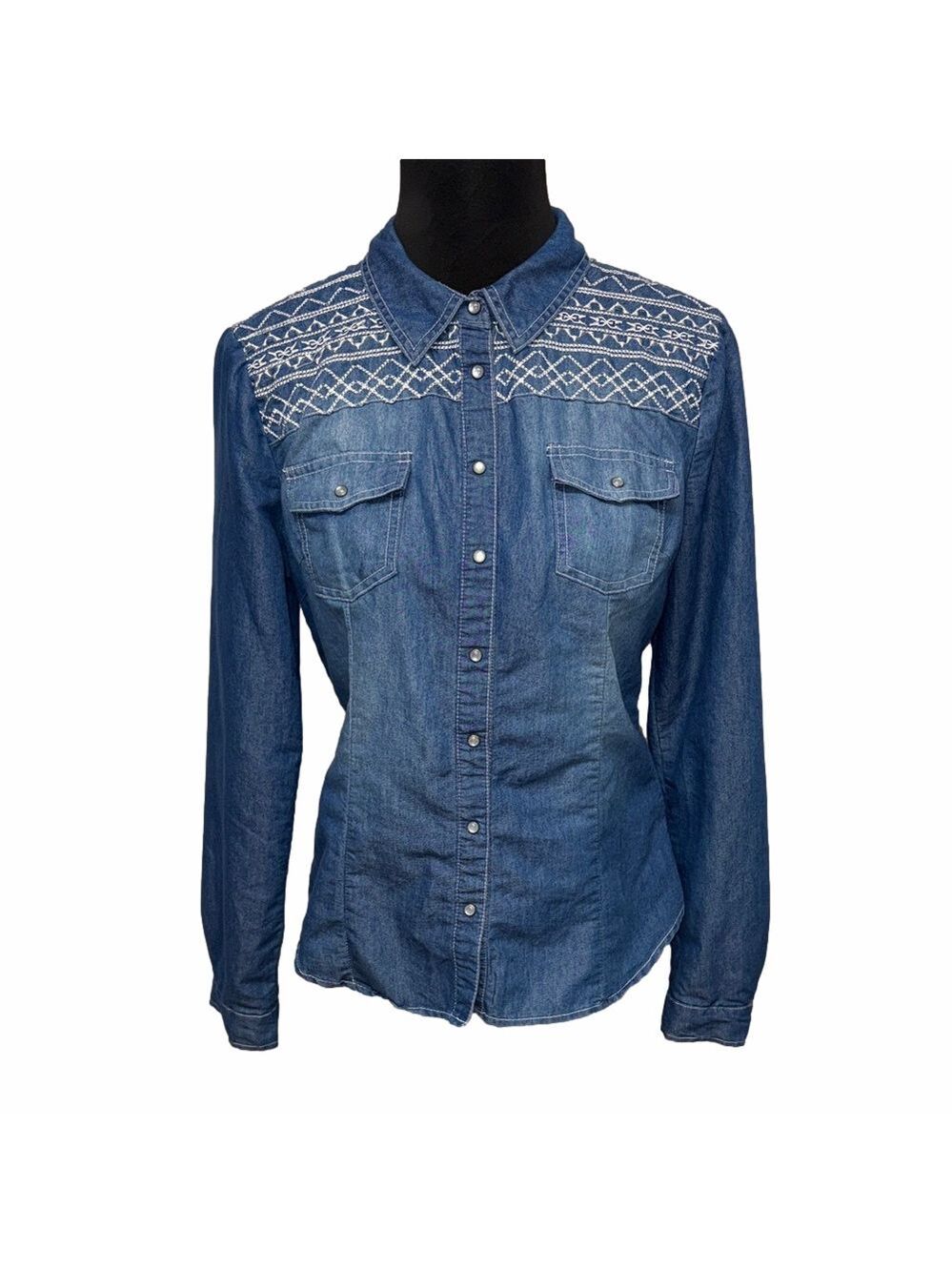 BONGO Blue Denim Button-Down Shirt with White Embroidery, Versatile Fun